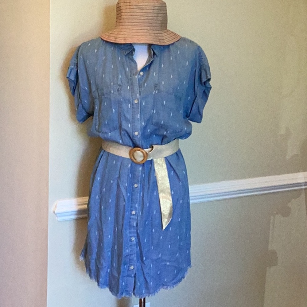 Thread+Supply lyocell blue chambray cap sleeve button front tunic dress size L